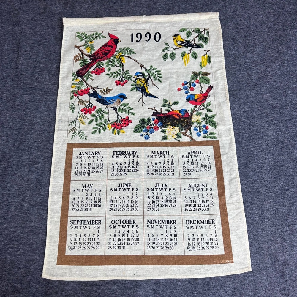 Vintage 1990 Birds Linen Calendar Tea Towel Wall Hanging 15x25